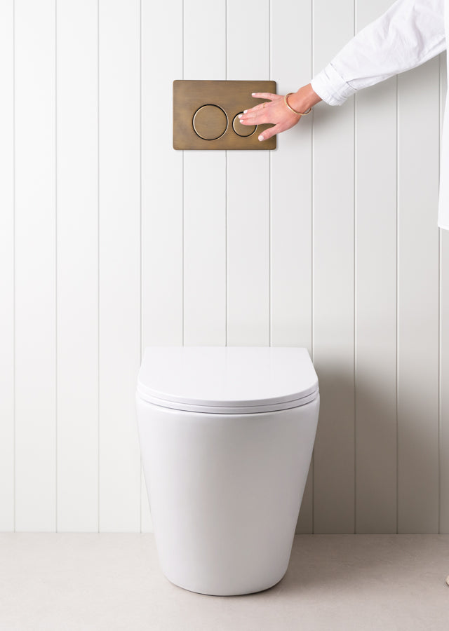 Angled In-Wall Toilet With Round Antique Brass Buttons