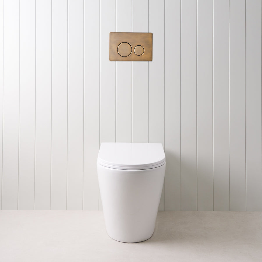 Angled In-Wall Toilet With Round Antique Brass Buttons