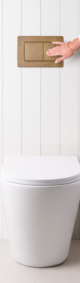 Angled In-Wall Toilet With Rectangle Antique Brass Buttons