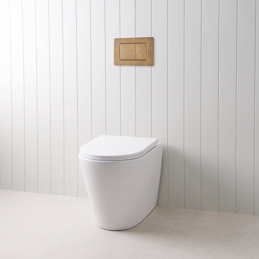 Angled In-Wall Toilet With Rectangle Antique Brass Buttons