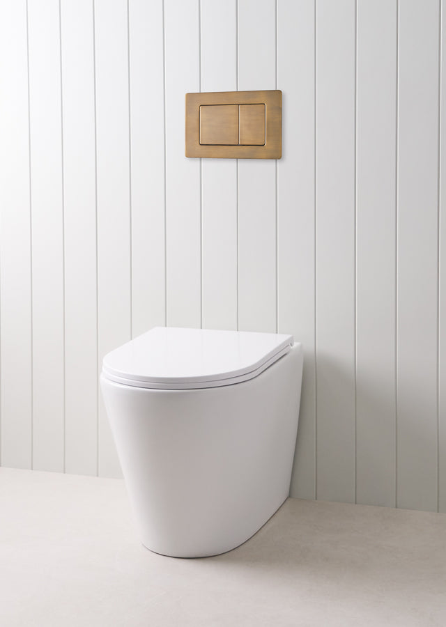 Angled In-Wall Toilet With Rectangle Antique Brass Buttons