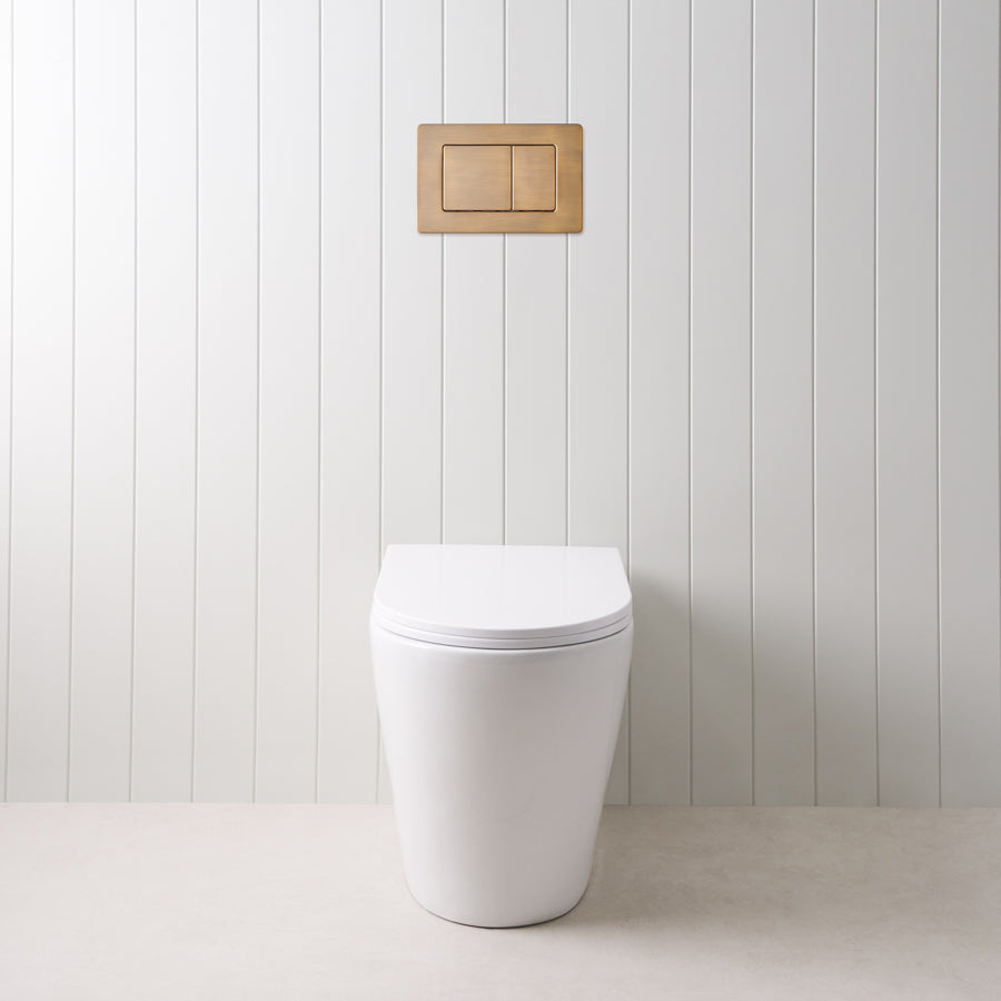 Angled In-Wall Toilet With Rectangle Antique Brass Buttons
