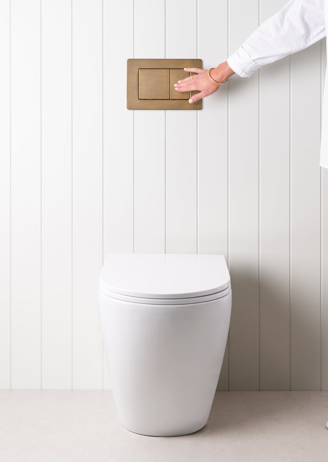 Curved In-Wall Toilet With Rectangle Antique Brass Buttons