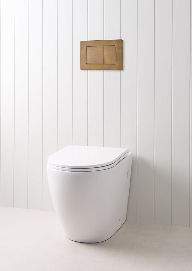 Curved In-Wall Toilet With Rectangle Antique Brass Buttons