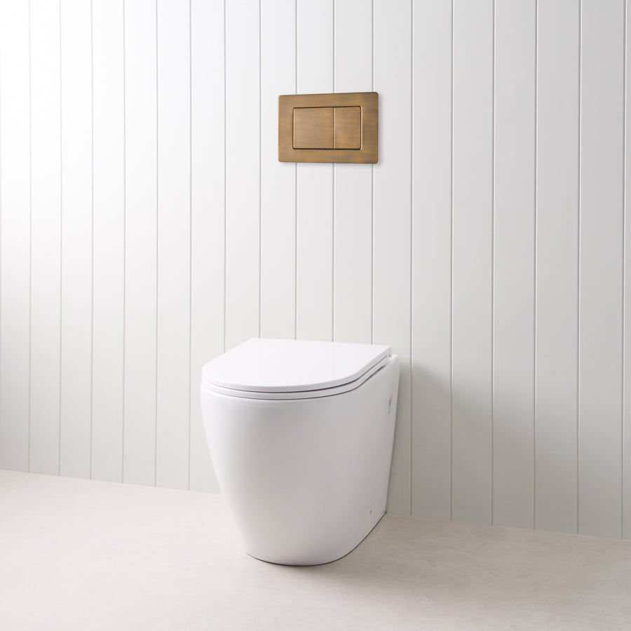 Curved In-Wall Toilet With Rectangle Antique Brass Buttons