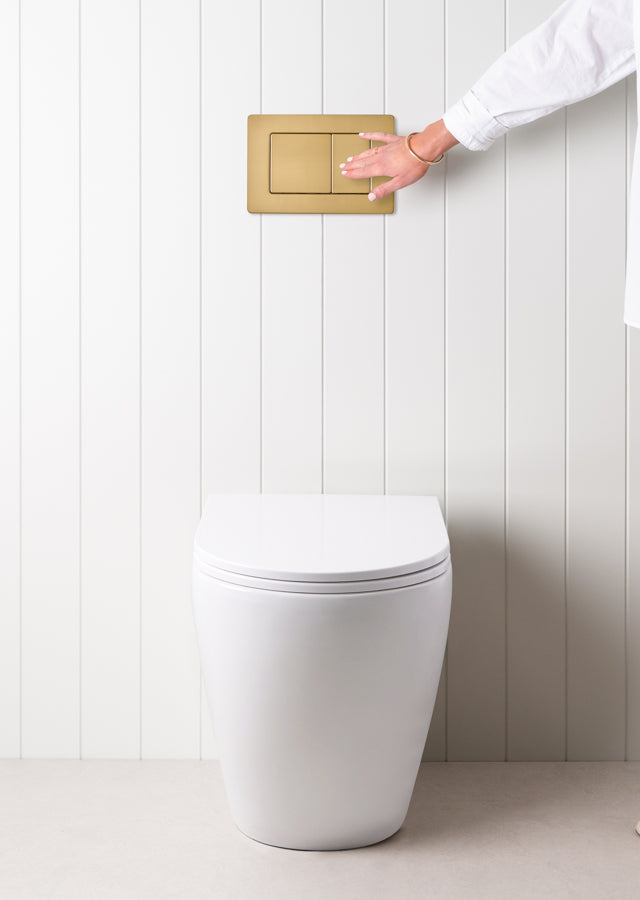 Curved In-Wall Toilet With Rectangle Brushed Brass Buttons