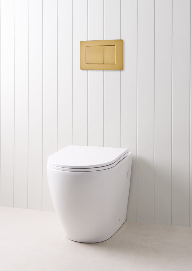 Curved In-Wall Toilet With Rectangle Brushed Brass Buttons