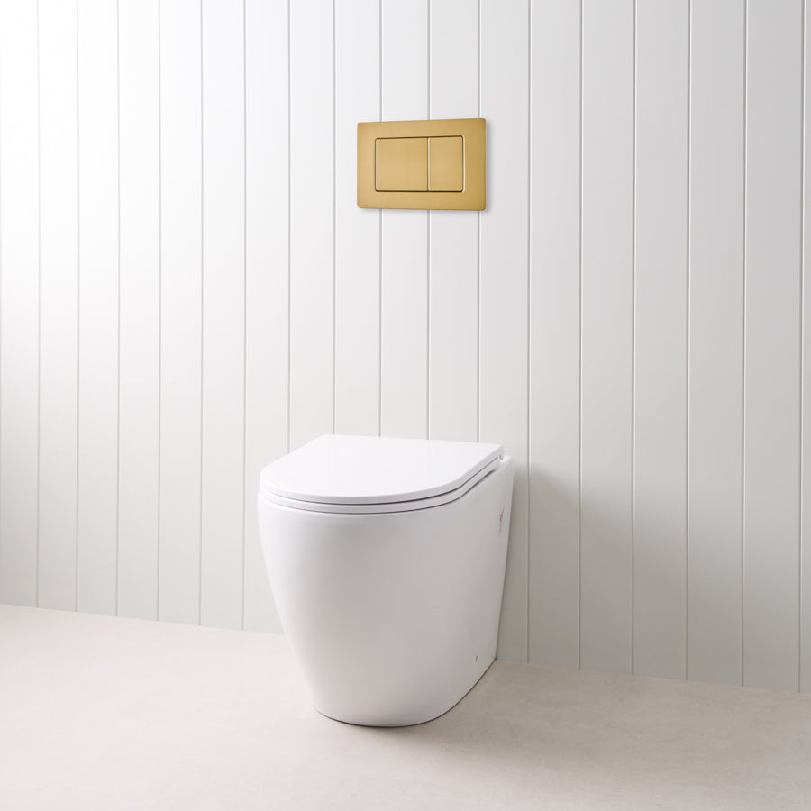 Curved In-Wall Toilet With Rectangle Brushed Brass Buttons