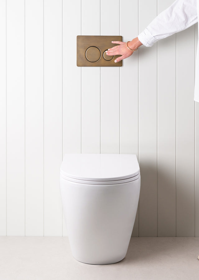 Curved In-Wall Toilet With Round Antique Brass Buttons