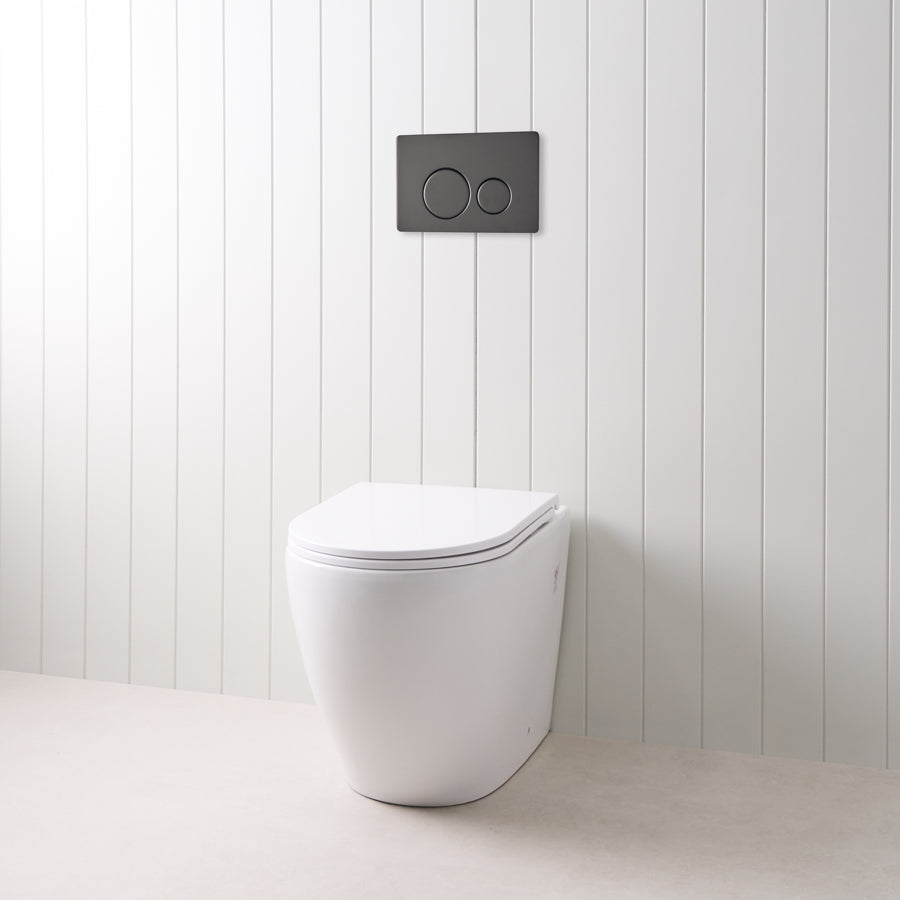 Curved In-Wall Toilet With Round Matte Black Buttons