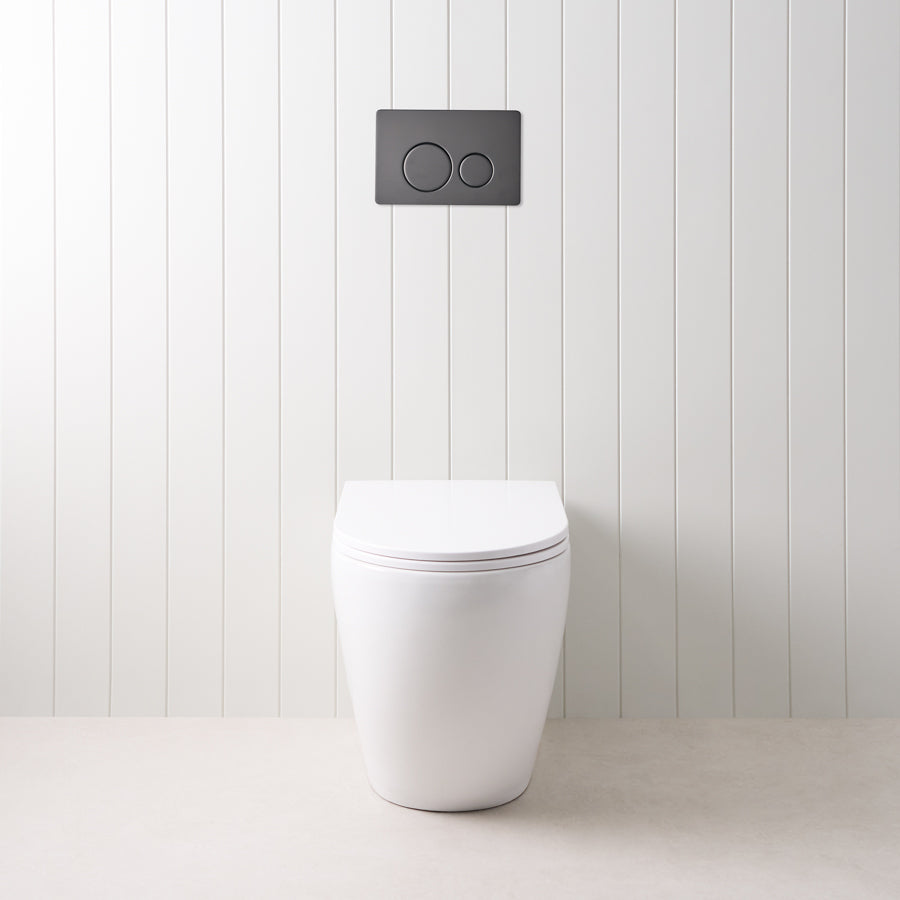 Curved In-Wall Toilet With Round Matte Black Buttons