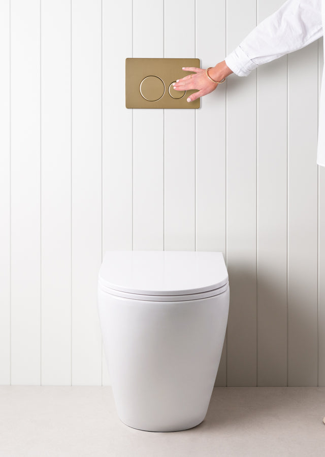 Curved In-Wall Toilet With Round Warm Brushed Nickel Buttons