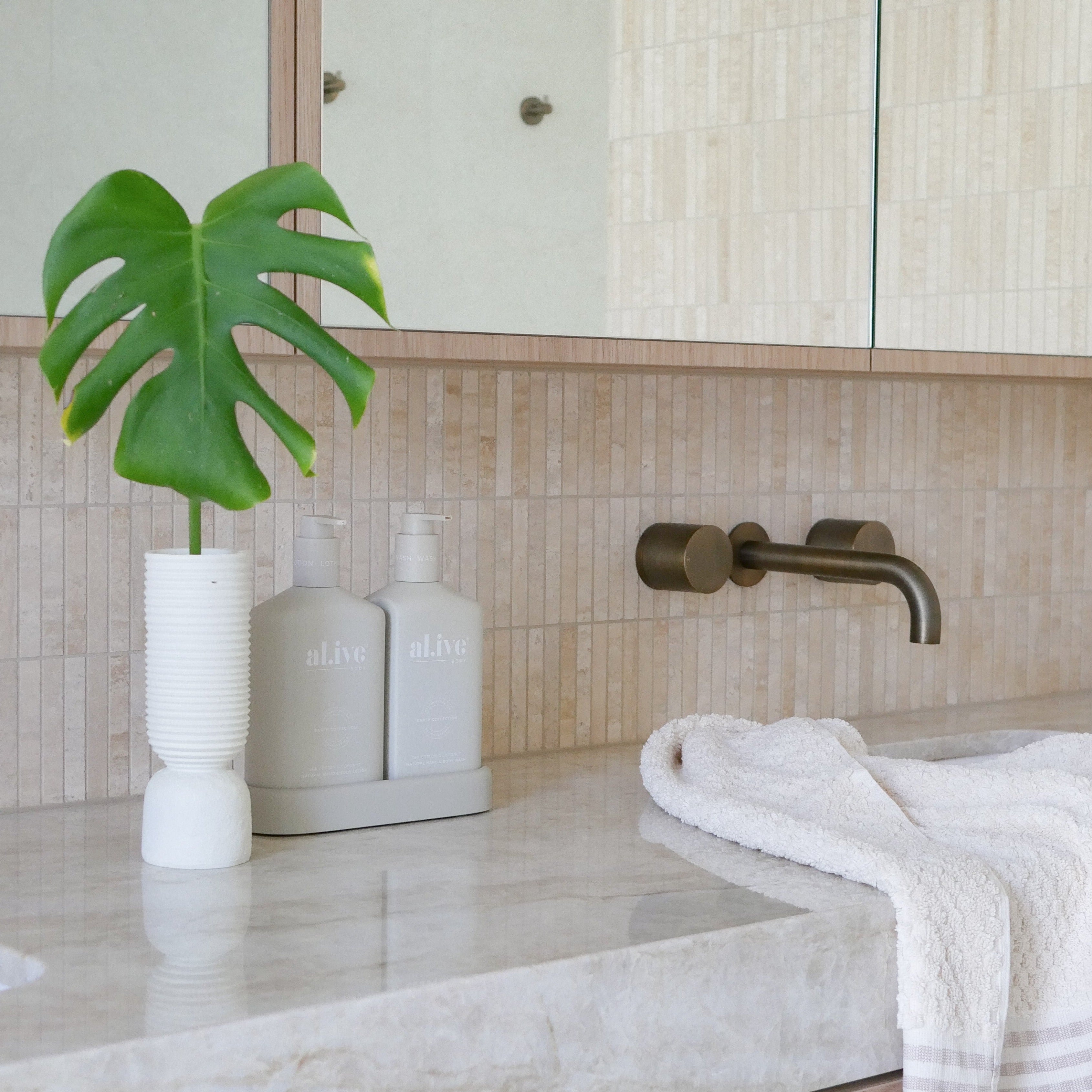 Wall Spout + Round Wall Taps Antique Brass