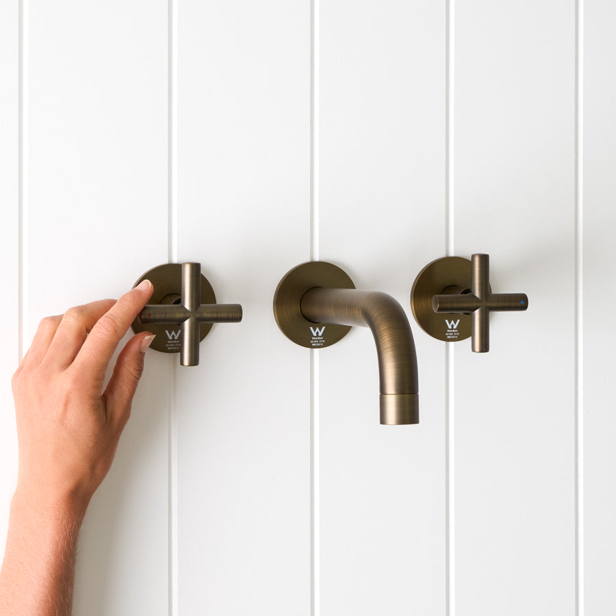 Sydney Wall Spout + Cross Taps Antique Brass