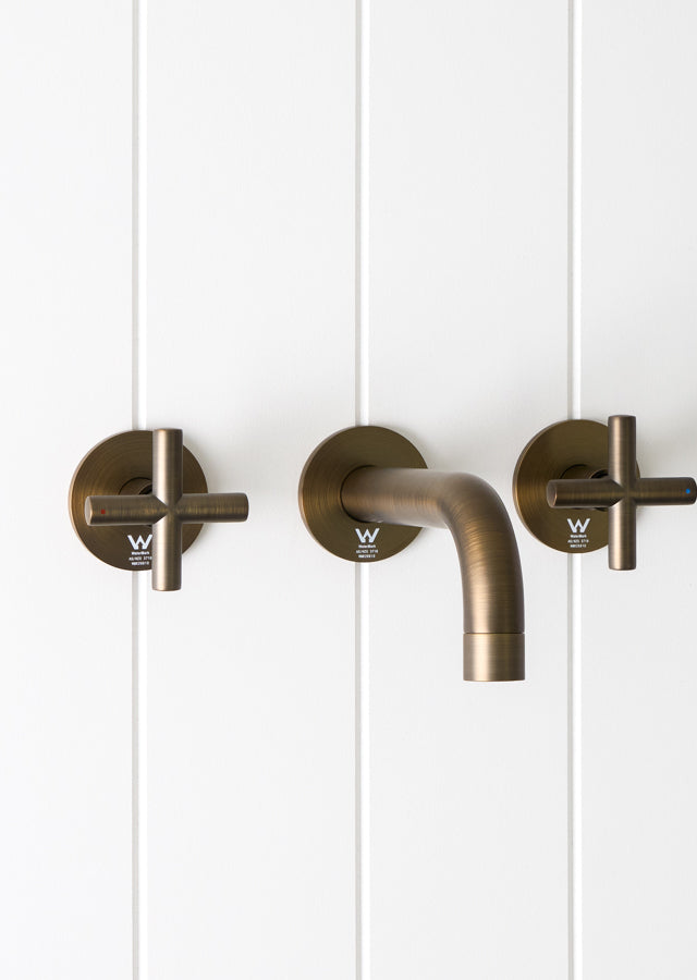 Sydney Wall Spout + Cross Taps Antique Brass