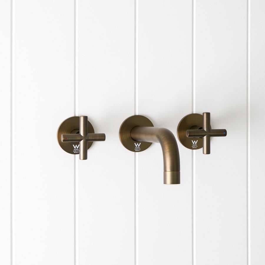 Sydney Wall Spout + Cross Taps Antique Brass