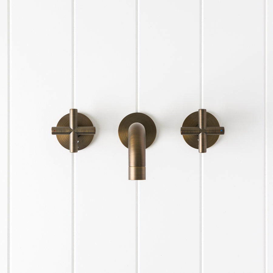 Sydney Wall Spout + Cross Taps Antique Brass