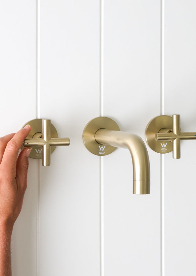 Sydney Wall Spout + Cross Taps Warm Brushed Nickel