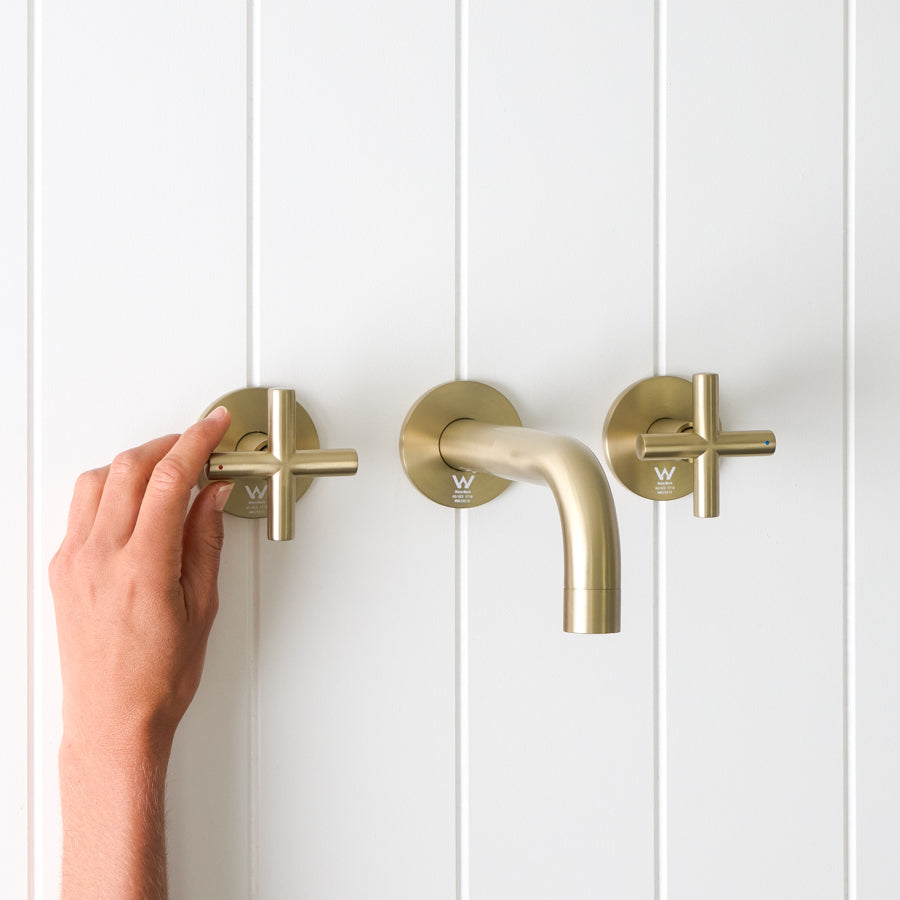 Sydney Wall Spout + Cross Taps Warm Brushed Nickel