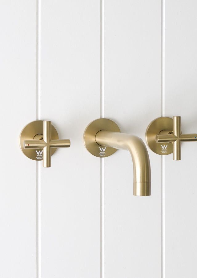 Sydney Wall Spout + Cross Taps Warm Brushed Nickel