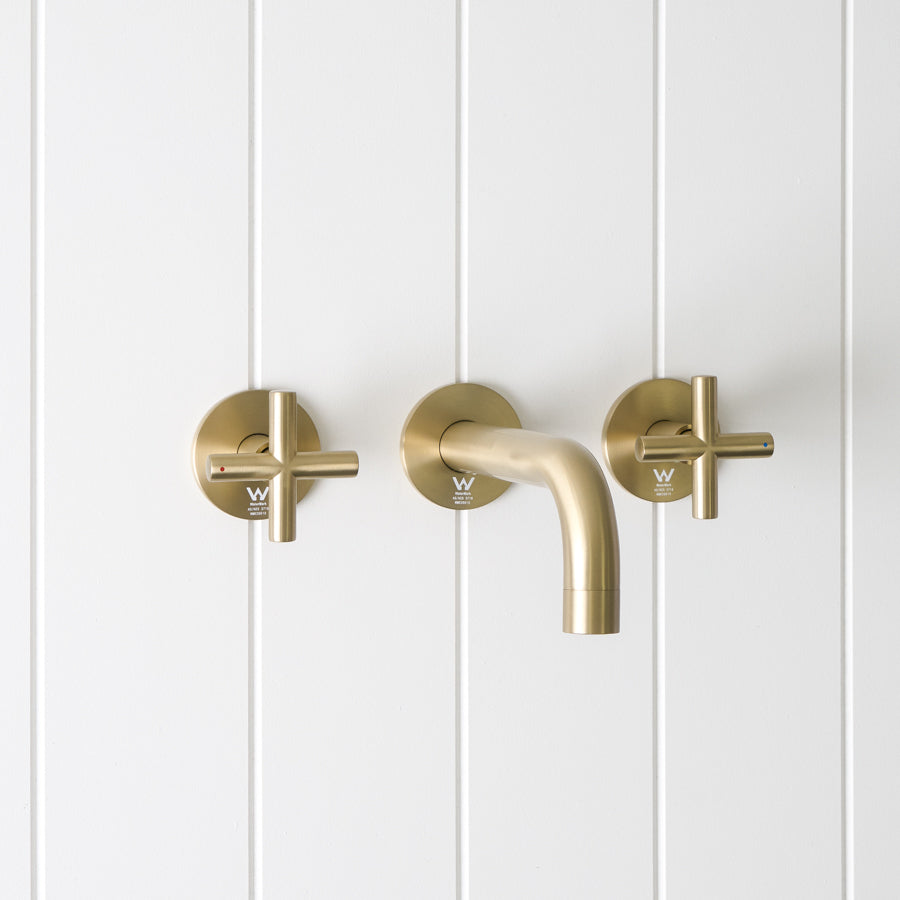 Sydney Wall Spout + Cross Taps Warm Brushed Nickel