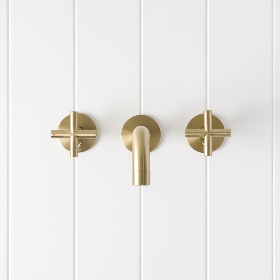 Sydney Wall Spout + Cross Taps Warm Brushed Nickel