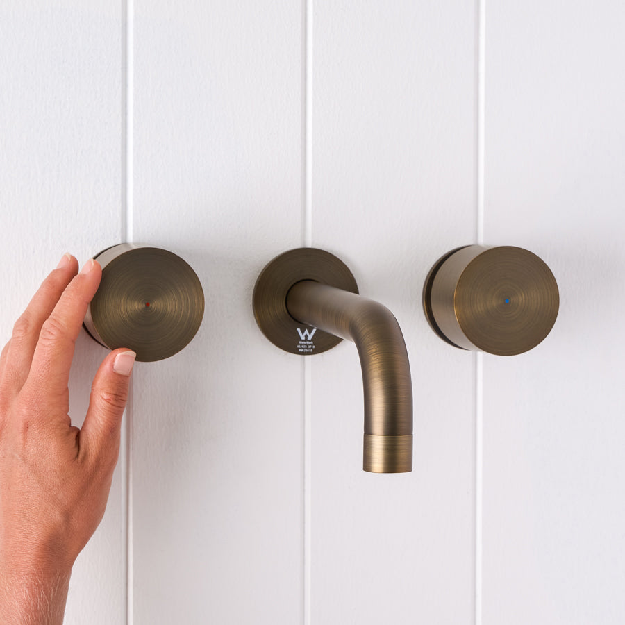 Sydney Wall Spout + Round Taps Antique Brass