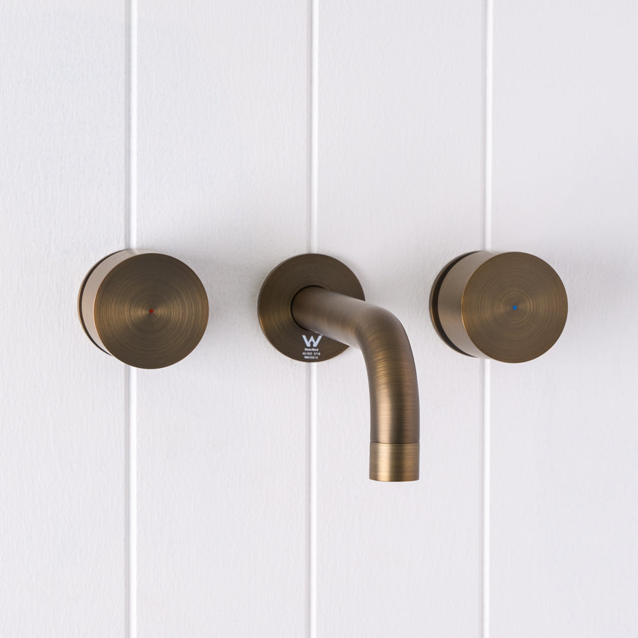 Sydney Wall Spout + Round Taps Antique Brass