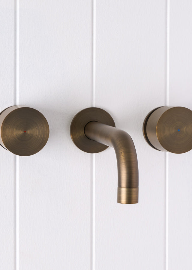 Sydney Wall Spout + Round Taps Antique Brass