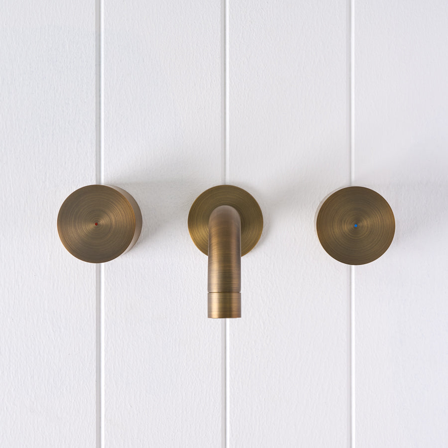 Sydney Wall Spout + Round Taps Antique Brass