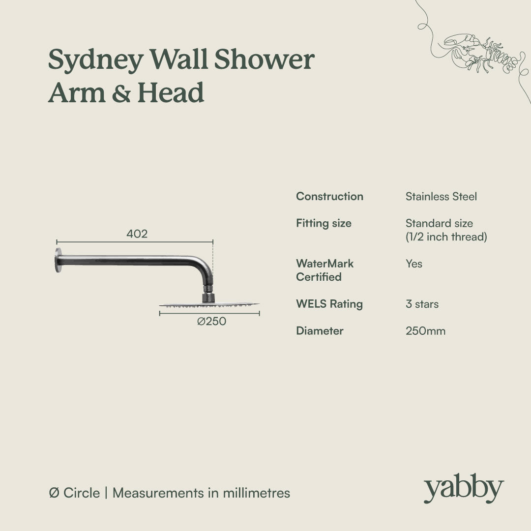 Wall Shower Arm and Head Antique Brass 250mm