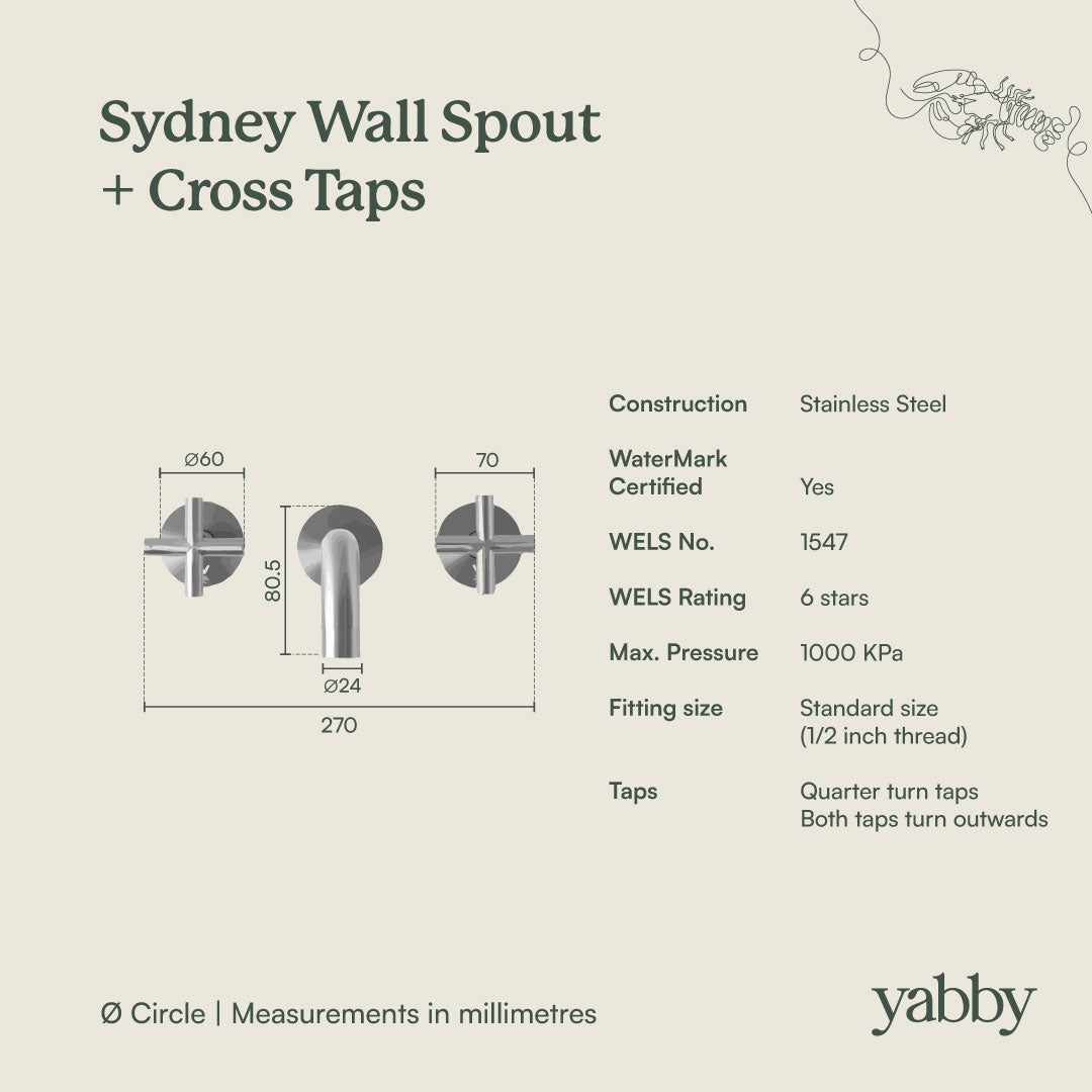 Sydney Wall Spout + Cross Taps Antique Brass