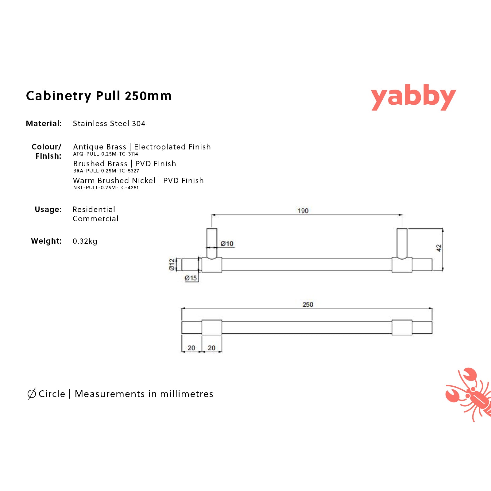 Cabinetry Pull 250mm Brushed Brass