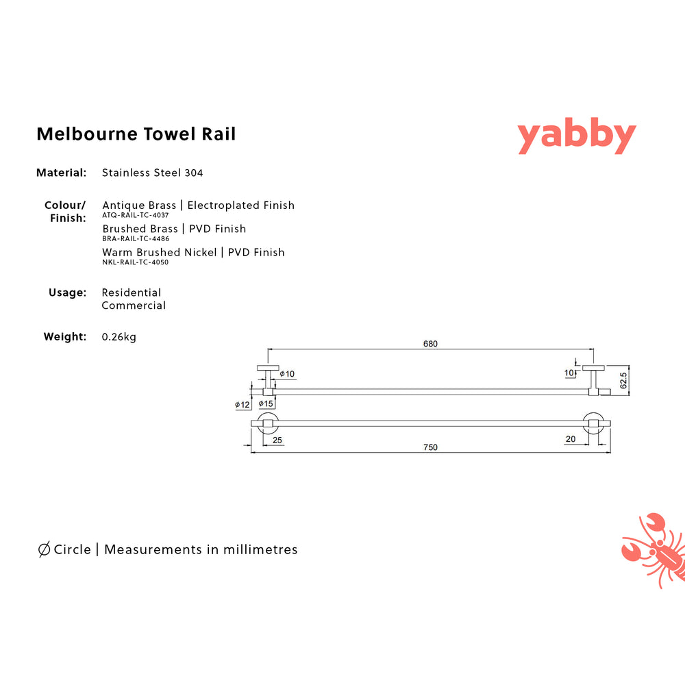 Melbourne Towel Rail Brushed Brass 750mm