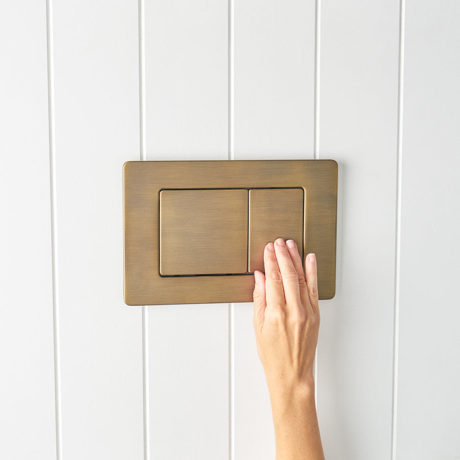 Curved In-Wall Toilet With Rectangle Antique Brass Buttons