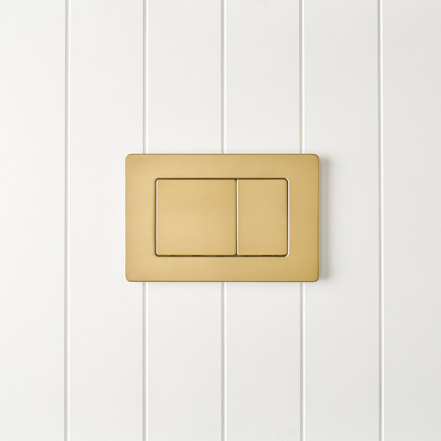 Angled In-Wall Toilet With Rectangle Brushed Brass Buttons