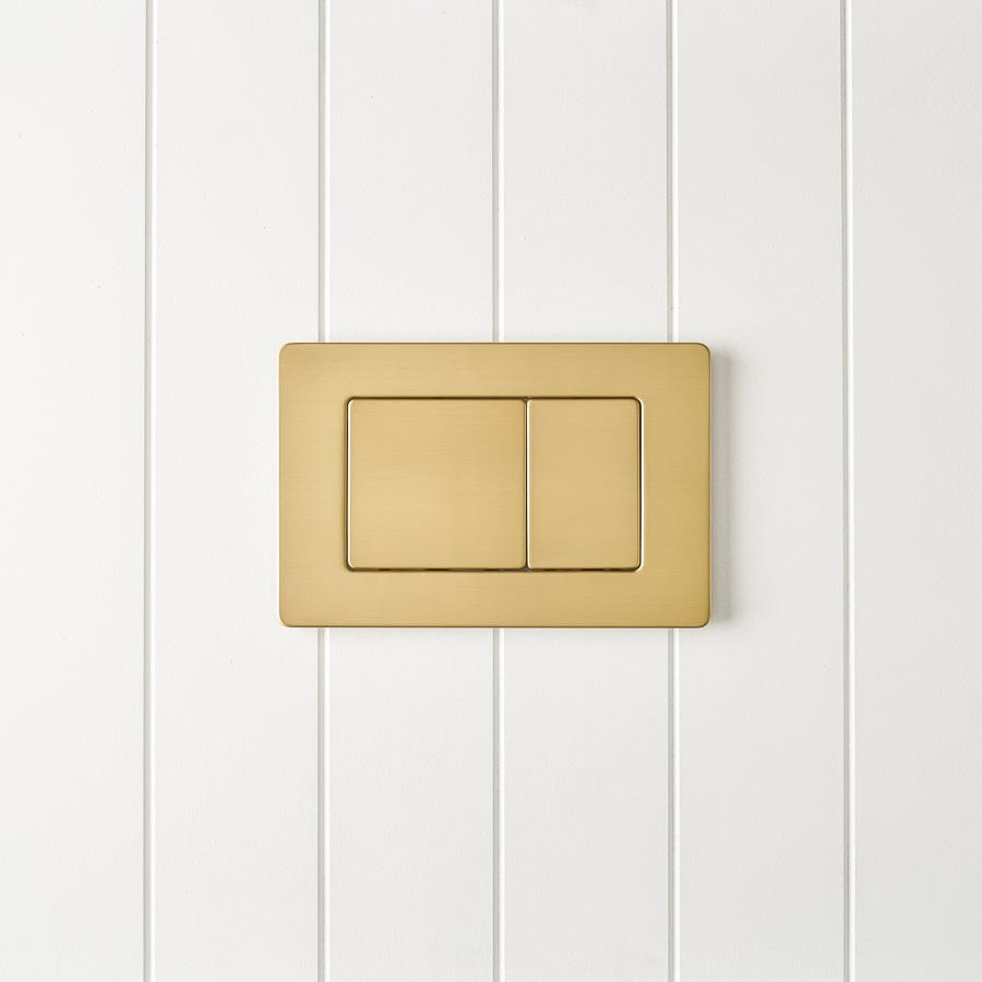 Curved In-Wall Toilet With Rectangle Brushed Brass Buttons