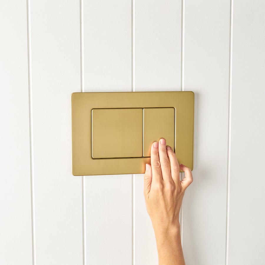 Curved In-Wall Toilet With Rectangle Brushed Brass Buttons